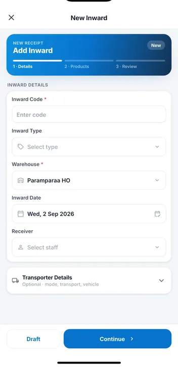 New inward receipt