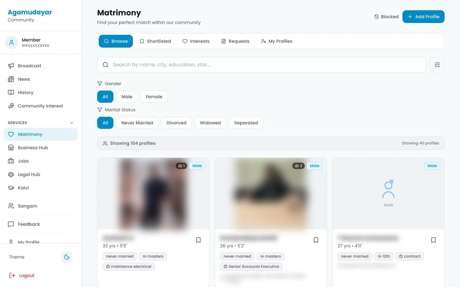 Matrimony (member details blurred for privacy)