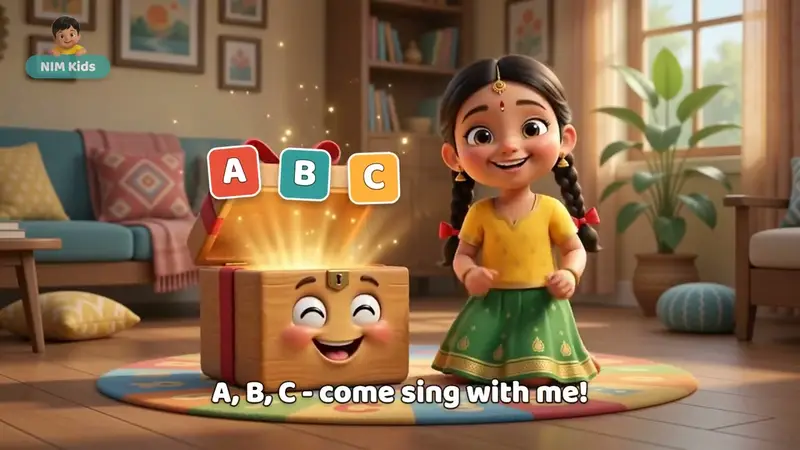Chellam opening the Surprise Box as the letters A, B and C pop out — Surprise Box ABC, our alphabet series on YouTube