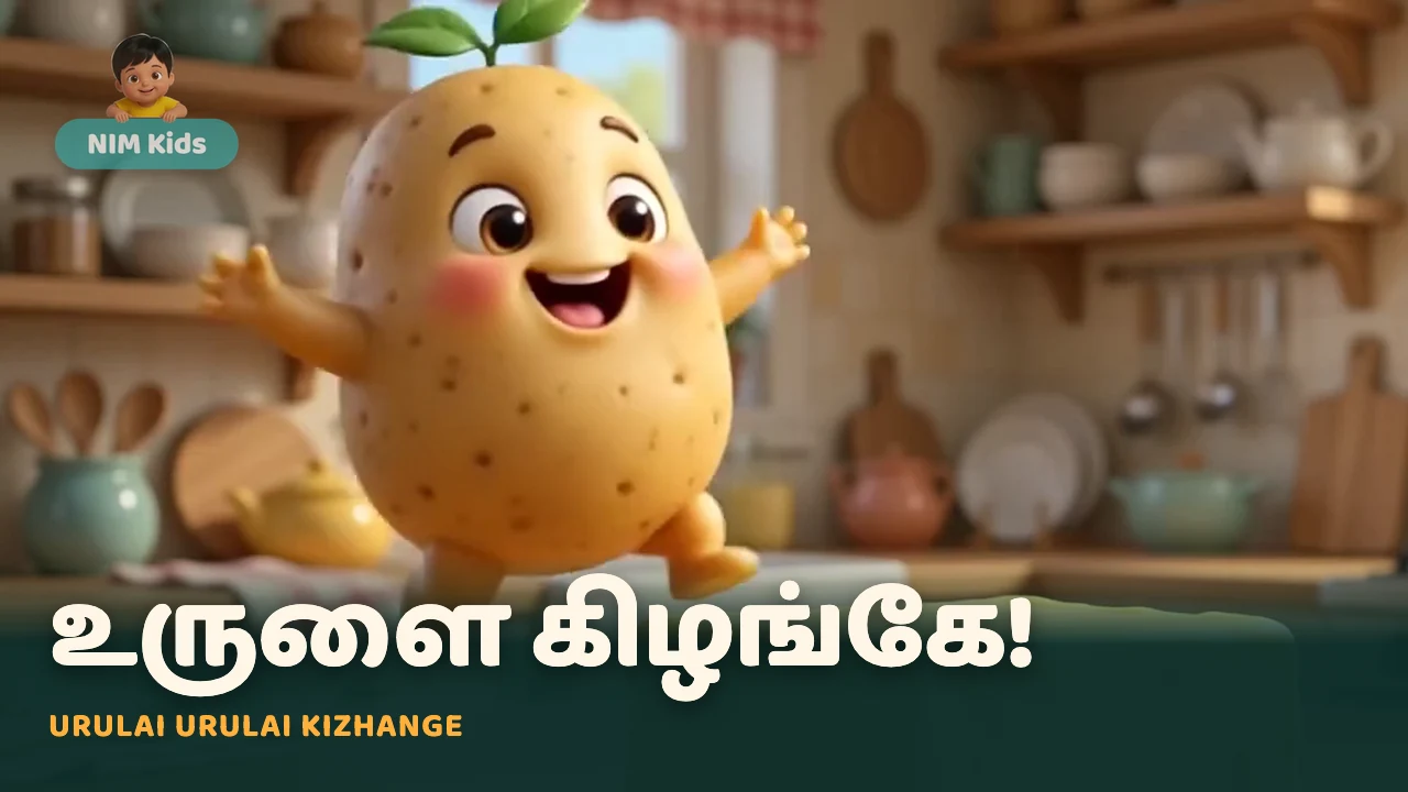 A still from the NIM Kids animated film — a smiling cartoon potato dancing in a sunlit kitchen